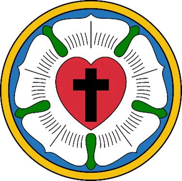 A black cross inside a red heart, set on a white rose with green sepals, surrounded by a blue ring with a yellow border.
